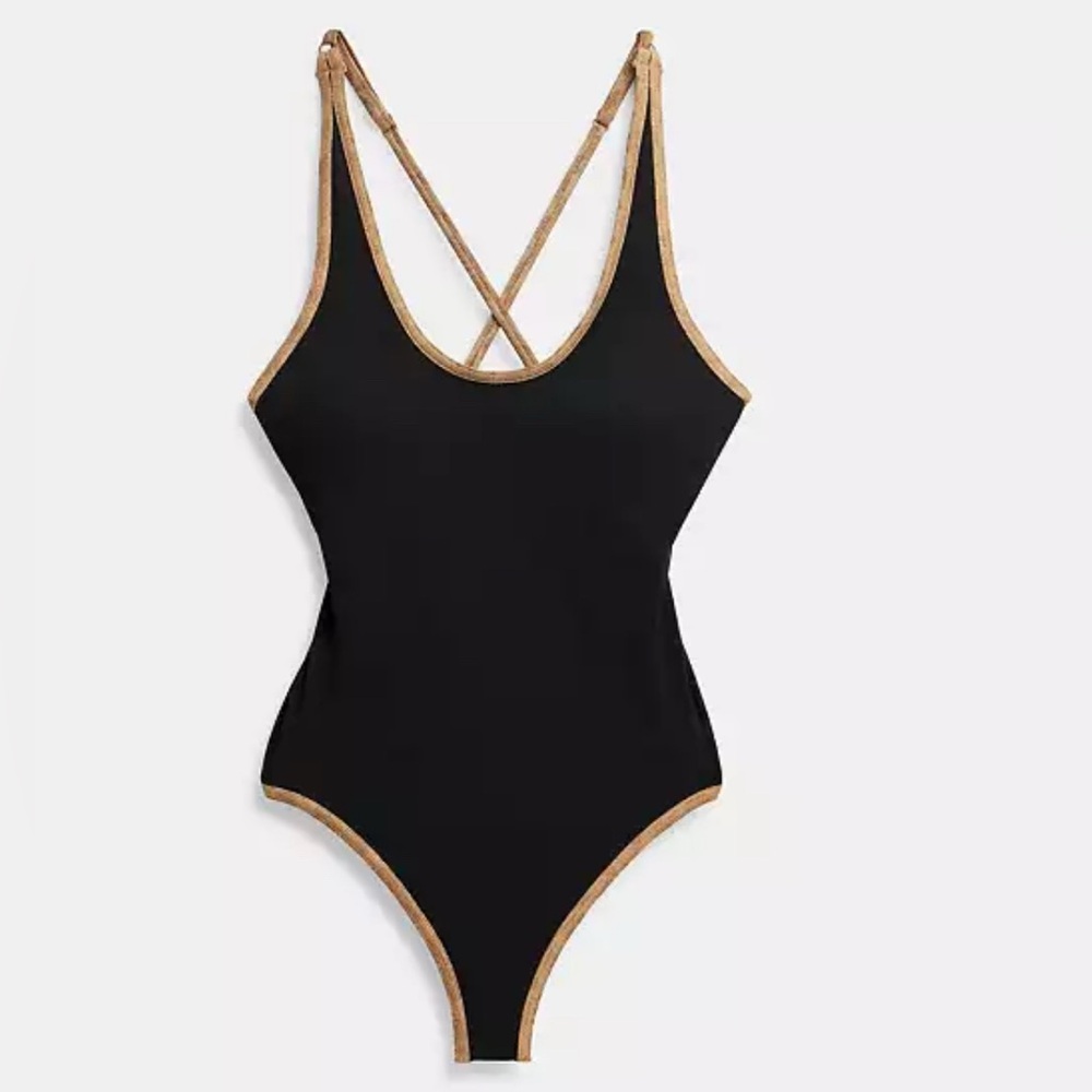 Coach Black One Piece Swimsuit with crisscross back and Gold Trim